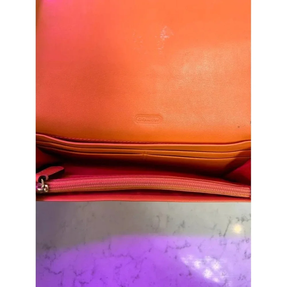 Coach Wallet Women Orange Good Colorblock Zipper Button Slim Envelope Leather